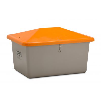 GRP-sandbehållare ”V” med vandalismsäkert lock 550 L, grå/orange, utan ränna