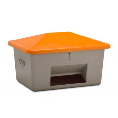 GRP-sandbehållare ”V” med vandalismsäkert lock 550 L, grå/orange, med ränna