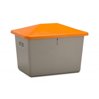 GRP-sandbehållare ”V” med vandalismsäkert lock 700 L, grå/orange, utan ränna