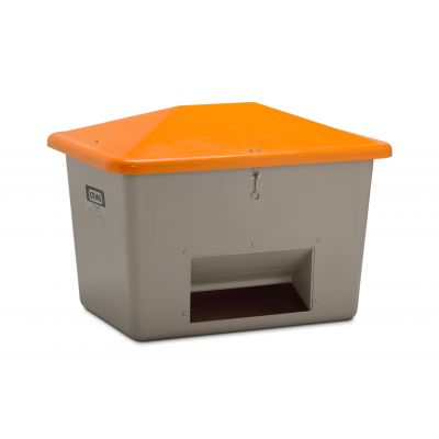 GRP-sandbehållare ”V” med vandalismsäkert lock 700 L, grå/orange, med ränna