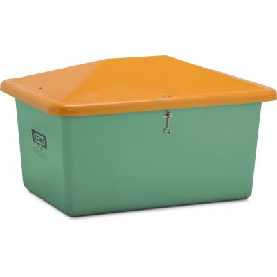 GRP-sandbehållare ”V” med vandalismsäkert lock 550 L, grön/orange, utan ränna