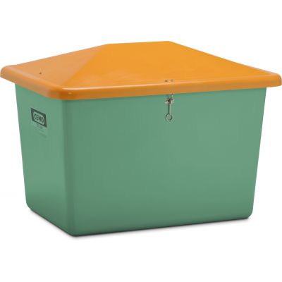 GRP-sandbehållare ”V” med vandalismsäkert lock 700 L, grön/orange, utan ränna