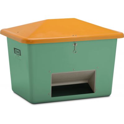 GRP-sandbehållare ”V” med vandalismsäkert lock 700 L, grön/orange, med ränna